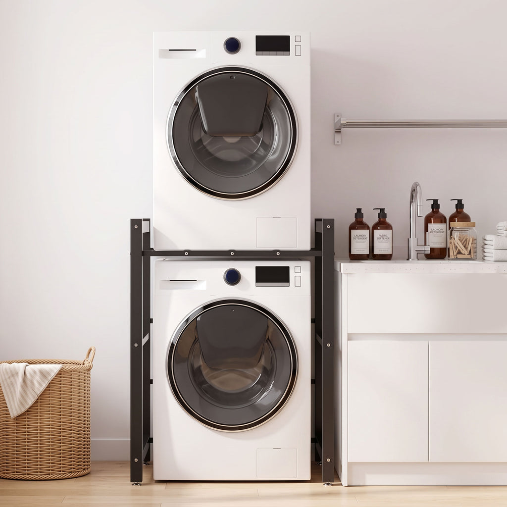 Support de superposition lave-linge/sèche-linge, 300 kg, avec pieds réglables et barre de séchage, noir-8