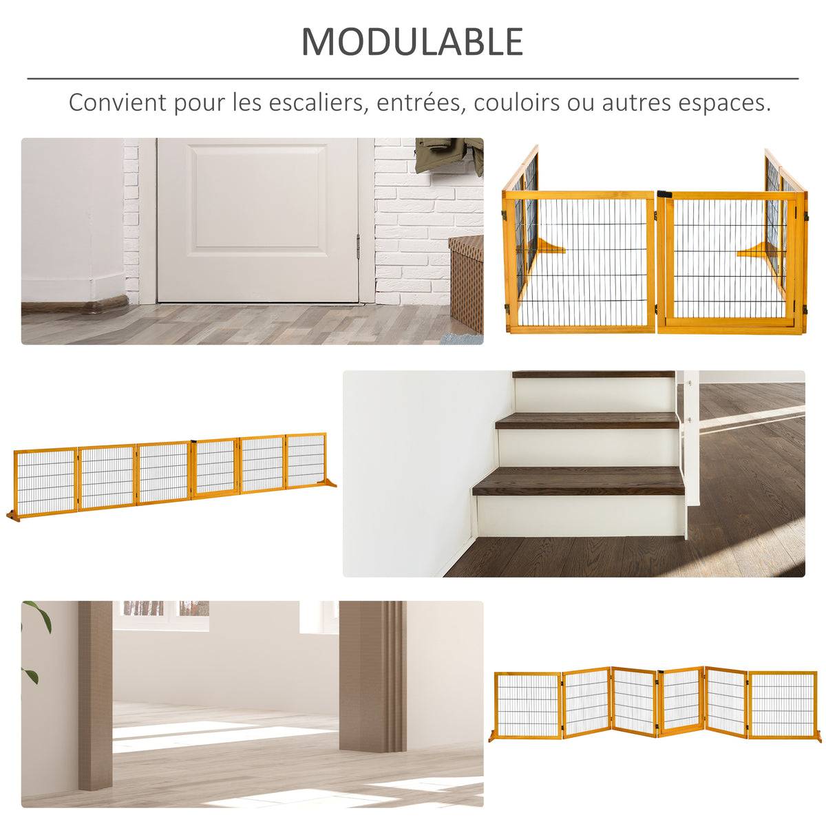 Lot de 2 barrières de sécurité chien barrière modulable pliable 6 panneaux 2 pieds support bois de pin jaune-4