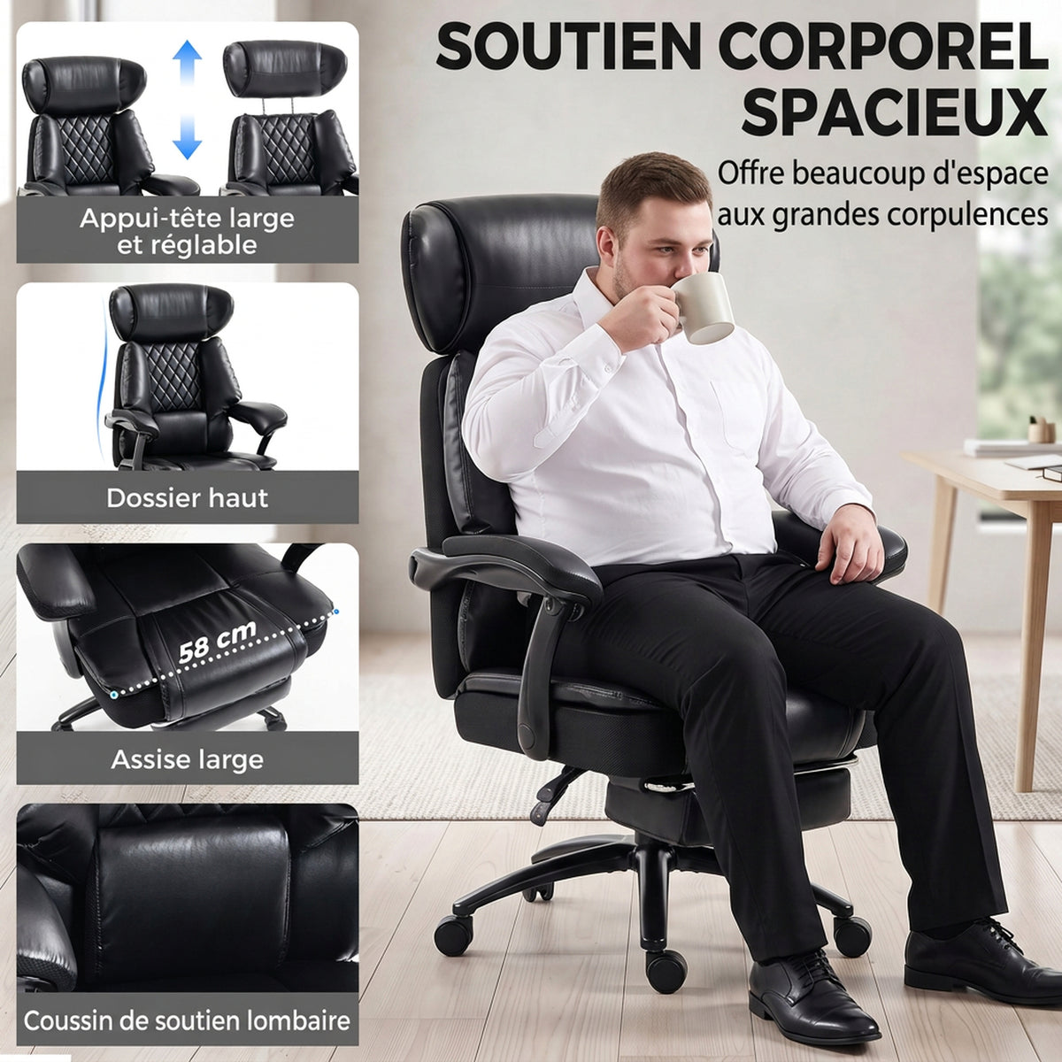 Fauteuil de Bureau Grande Taille, Chaise de Direction Ergonomique en PU 225 Kg, Appui-Tête Réglable, Noir-3