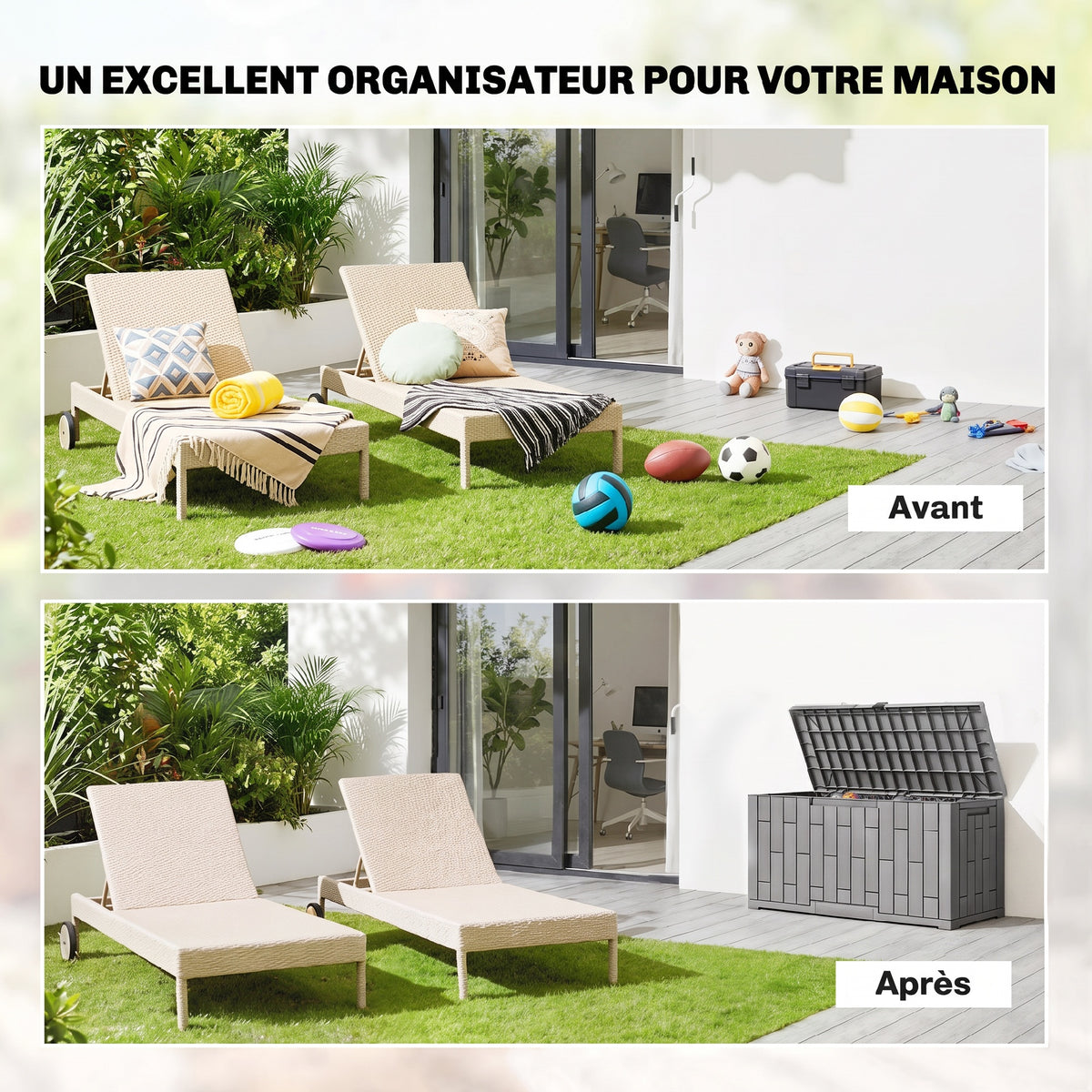 Coffre de Rangement Extérieur 227 L Verrouillable avec Vérin à Gaz, Aspect Bois, 106,5x43x54,5cm, Gris-3