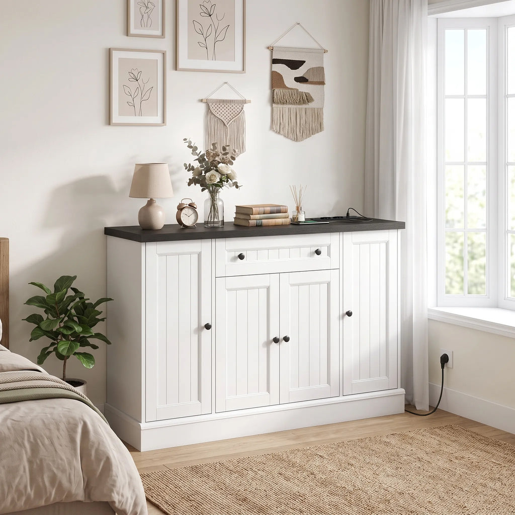 Buffet Salon avec Station de Charge, Meuble de Rangement avec 4 Portes, Tiroir, Étagères Réglables, Blanc et Noir-9
