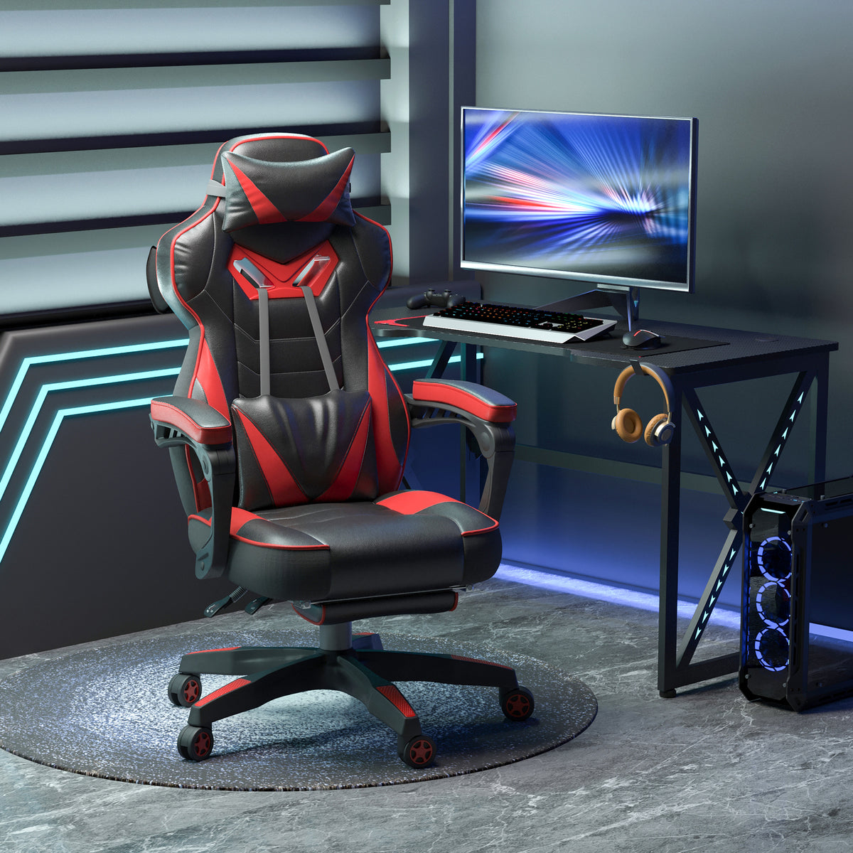 Chaise gaming Ergonomique, Fauteuil de Bureau confortable avec Repose-Pied, Appuie-Tête et coussin lombaire, Hauteur Réglable, noir et rouge-8