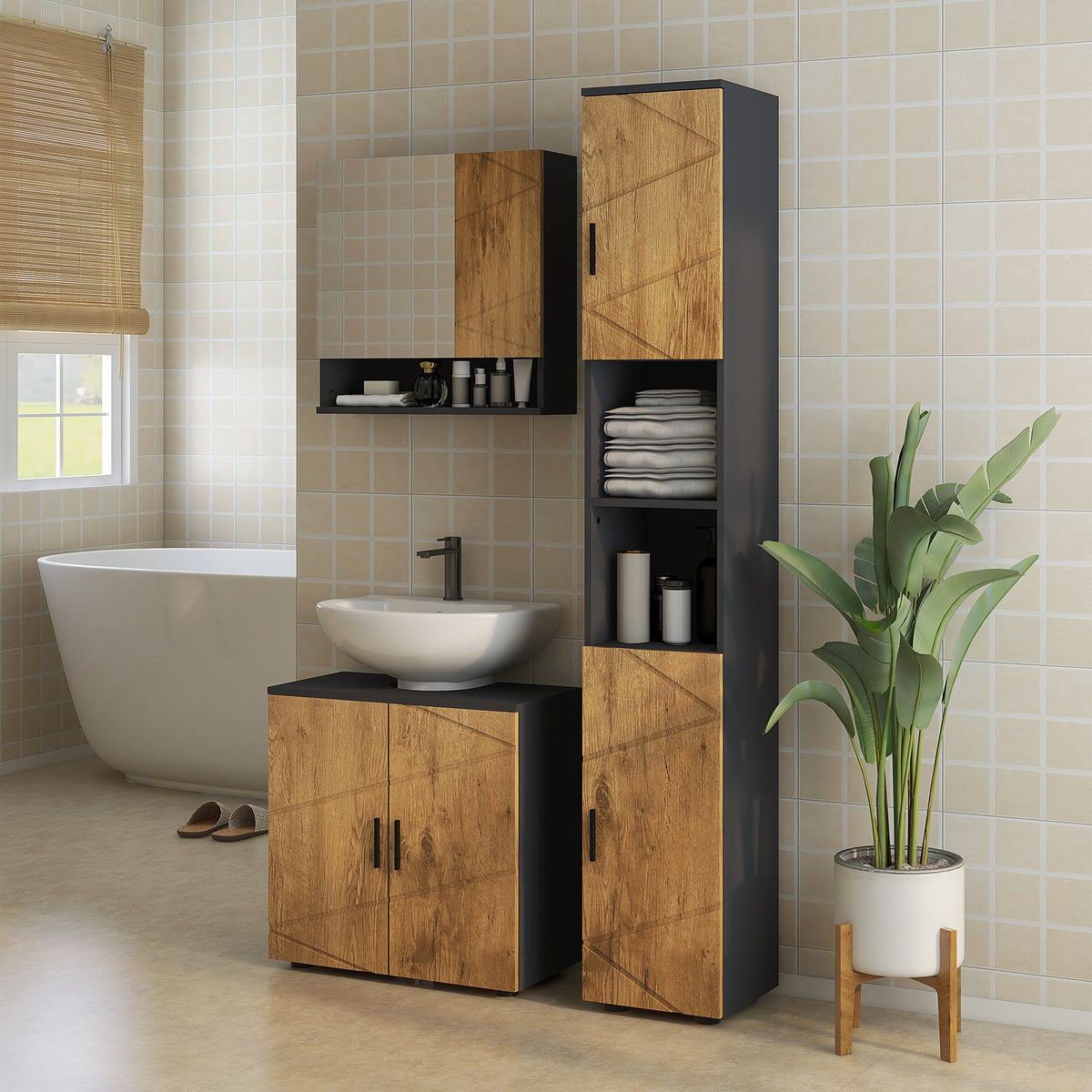Meuble sous vasque lavabo meuble de salle de bain 2 portes avec étagère 60 x 30 x 60 cm gris anthracite et aspect bois-1