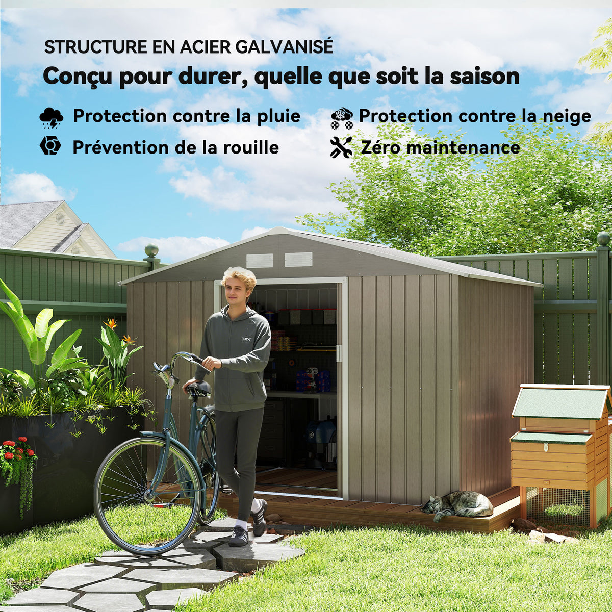 Abri de jardin 5,4 m² 2,77 x 1,95 x 1,92 m kit de fondation porte coulissante ventilations acier galvanisé, marron clair-3