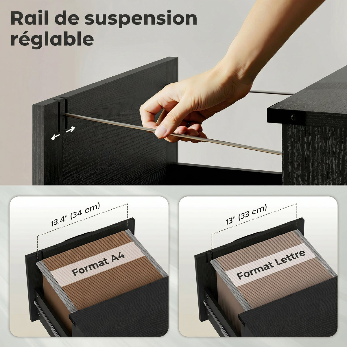 Caisson de Bureau avec 4 Tiroirs, Dossiers Suspendus pour Formats Lettre/A4, Style Rustique, 40x40x131cm, Noir-5