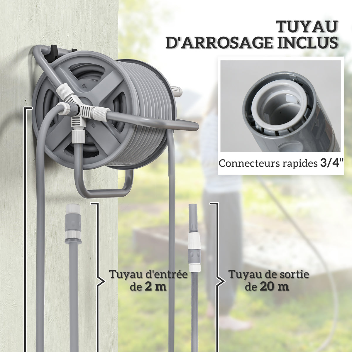 Dévidoir enrouleur de tuyau d'arrosage 20m + 2m, buse de pulvérisation réglable 2 en 1, à fixer au mur ou à poser-3