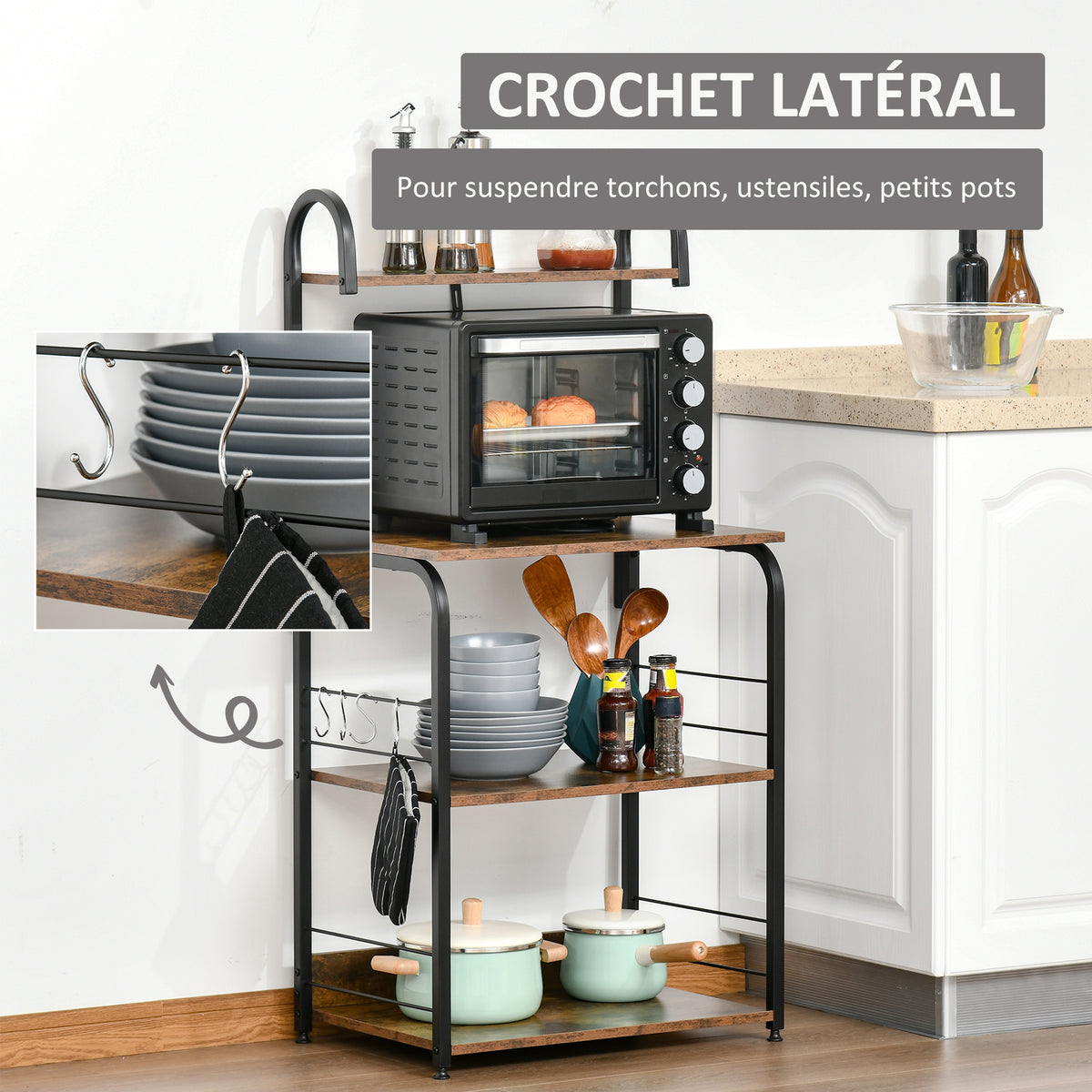 Étagère de cuisine, étagère micro-onde 3 étagères plateau crochets châssis acier 60 x 40 x 125 cm effet bois d'acajou-4