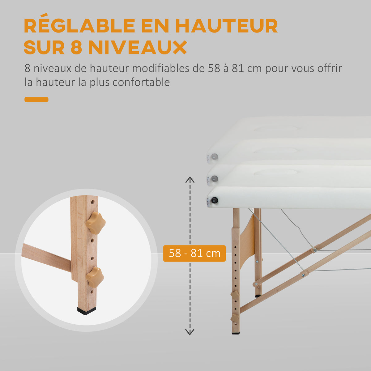 Table de massage pliante, lit de massage 2 zones, hauteur réglable, oreiller facial amovible, 186 x 60 x 61-87 cm, crème-3