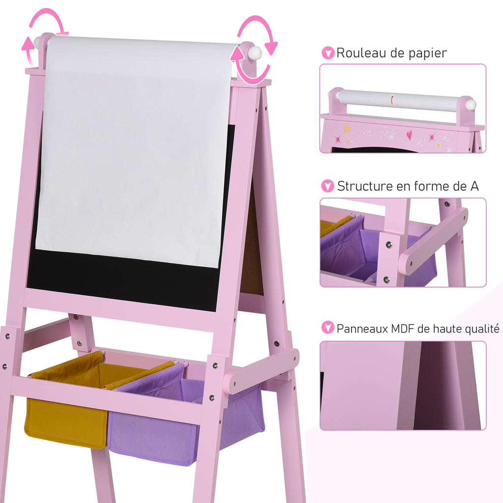 3 en 1 Tableau Enfant - chevalet Enfant - Ardoise Double Face - Tableau Blanc Tableau à Craie - Rouleau Papier avec accessoires + paniers Rangement intégrés - MDF Rose-6