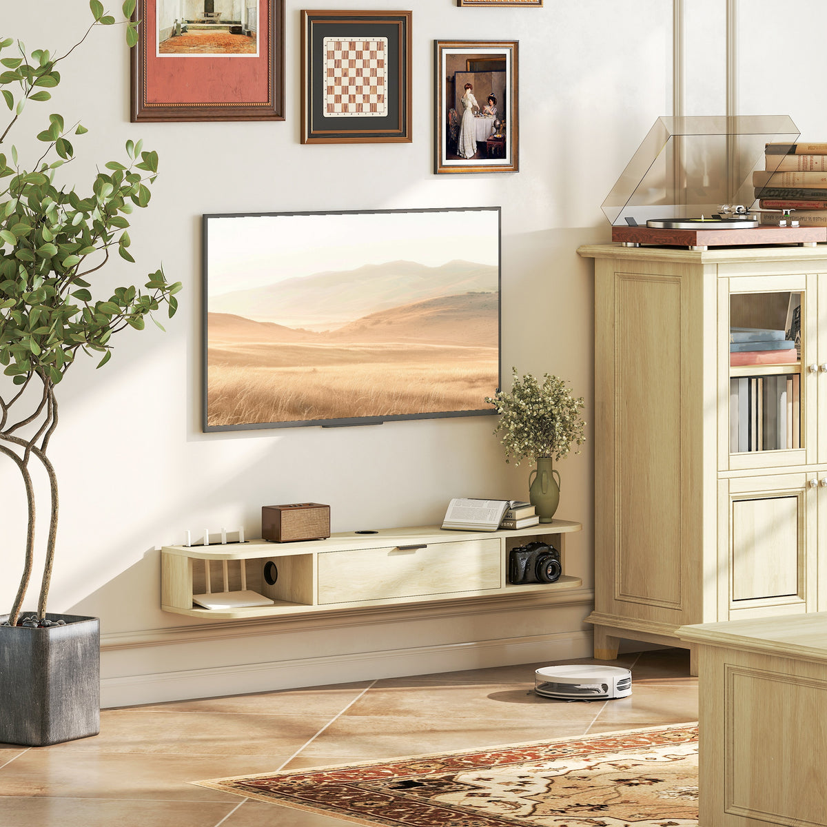 Meuble TV suspendu, meuble télé pour téléviseur jusqu'à 50 pouces, tiroir rabattable 2 étagères 120x24x16cm bois naturel-1
