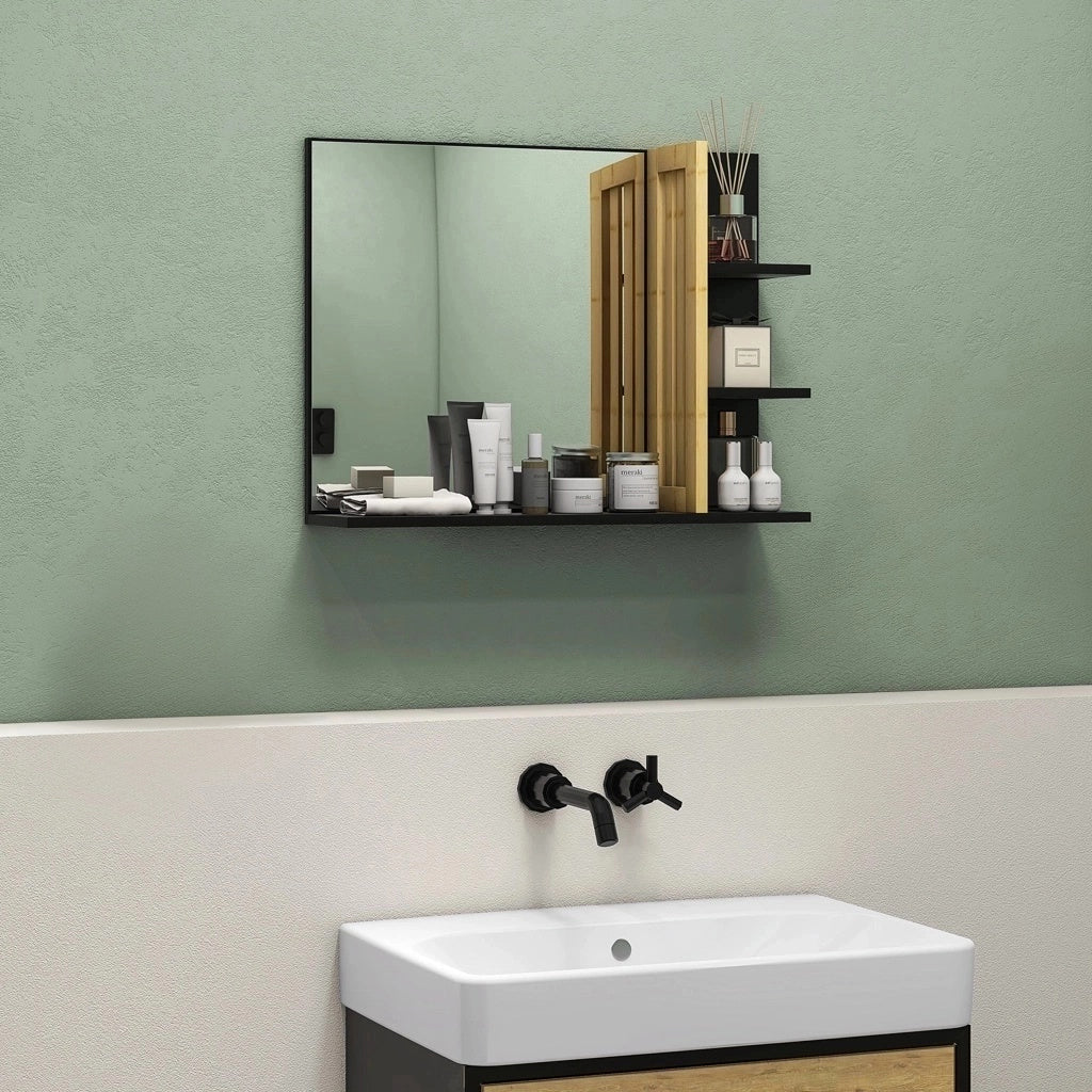 Miroir mural de salle de bain avec étagères de rangement - 3 étagères latérales + 1 étagère inférieure - bois de bambou-1