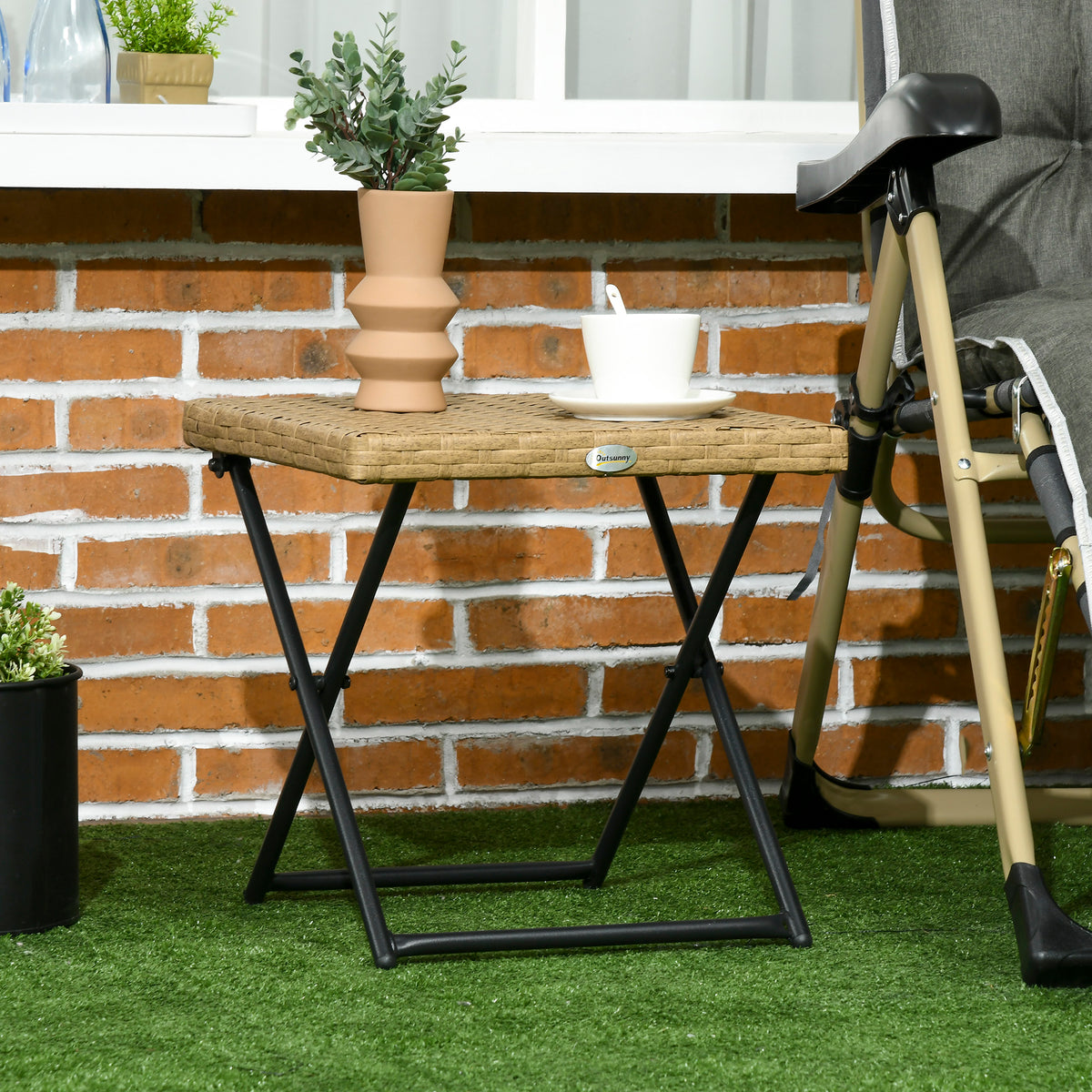 Table basse pliable de jardin style cosy chic dim. 40L x 40l x 40H cm métal époxy résine tressée bois naturel-1