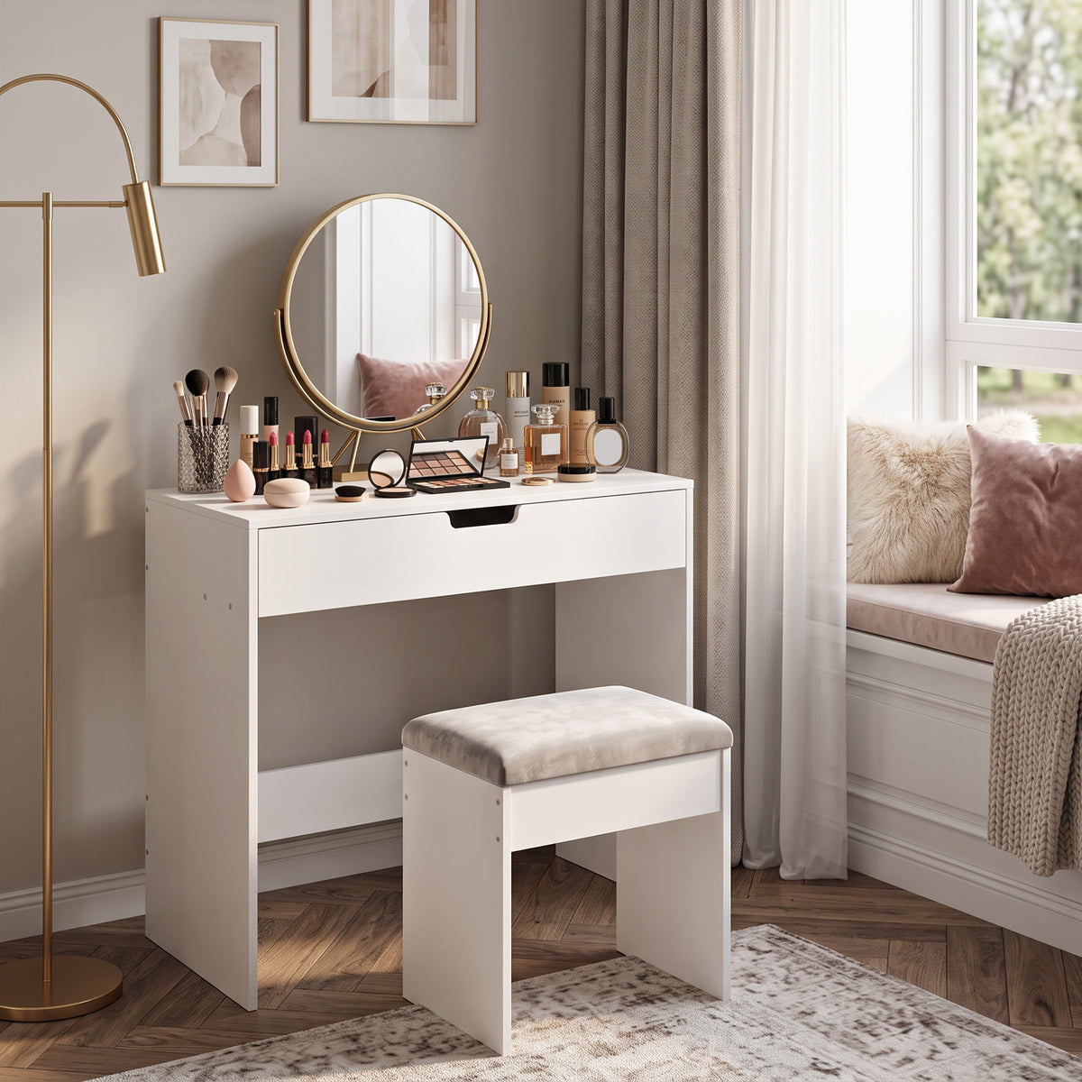Coiffeuse avec tiroir, table de maquillage moderne moderne, pour chambre à coucher, 75 x 40 x 75 cm, blanc-8