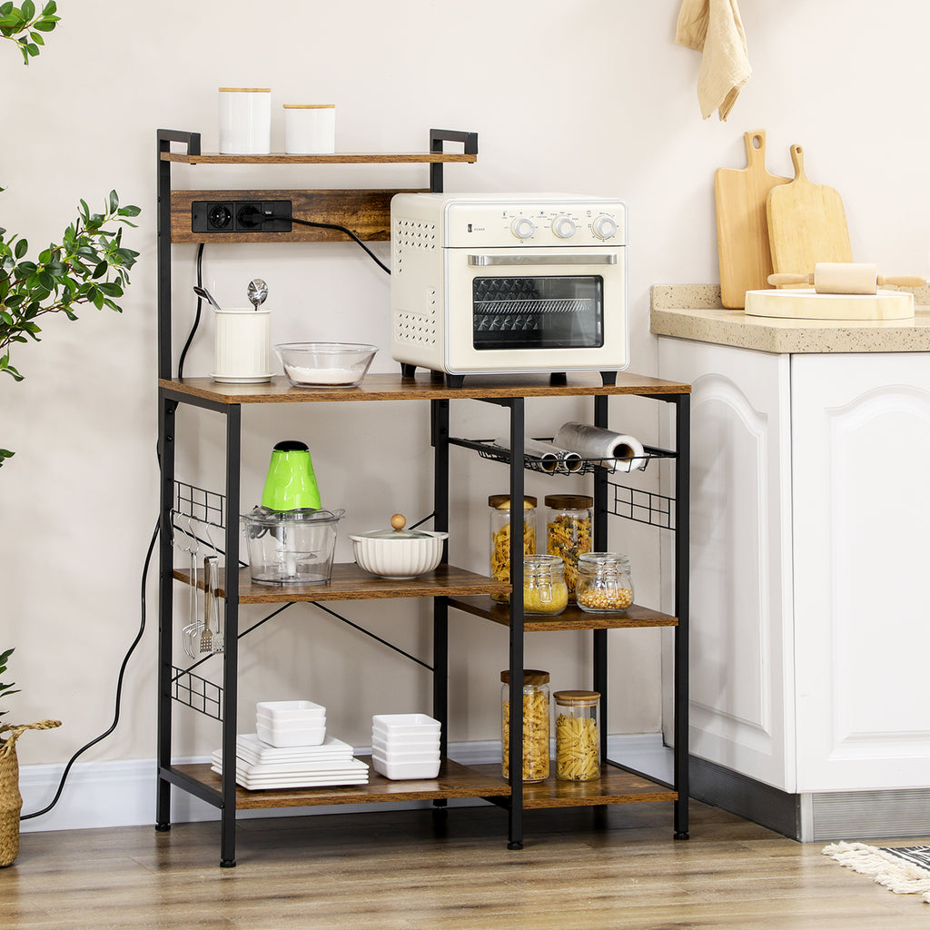 Meuble de cuisine avec prises intégrées pour micro-ondes avec étagères, style industriel, 90x42x130cm, marron-1