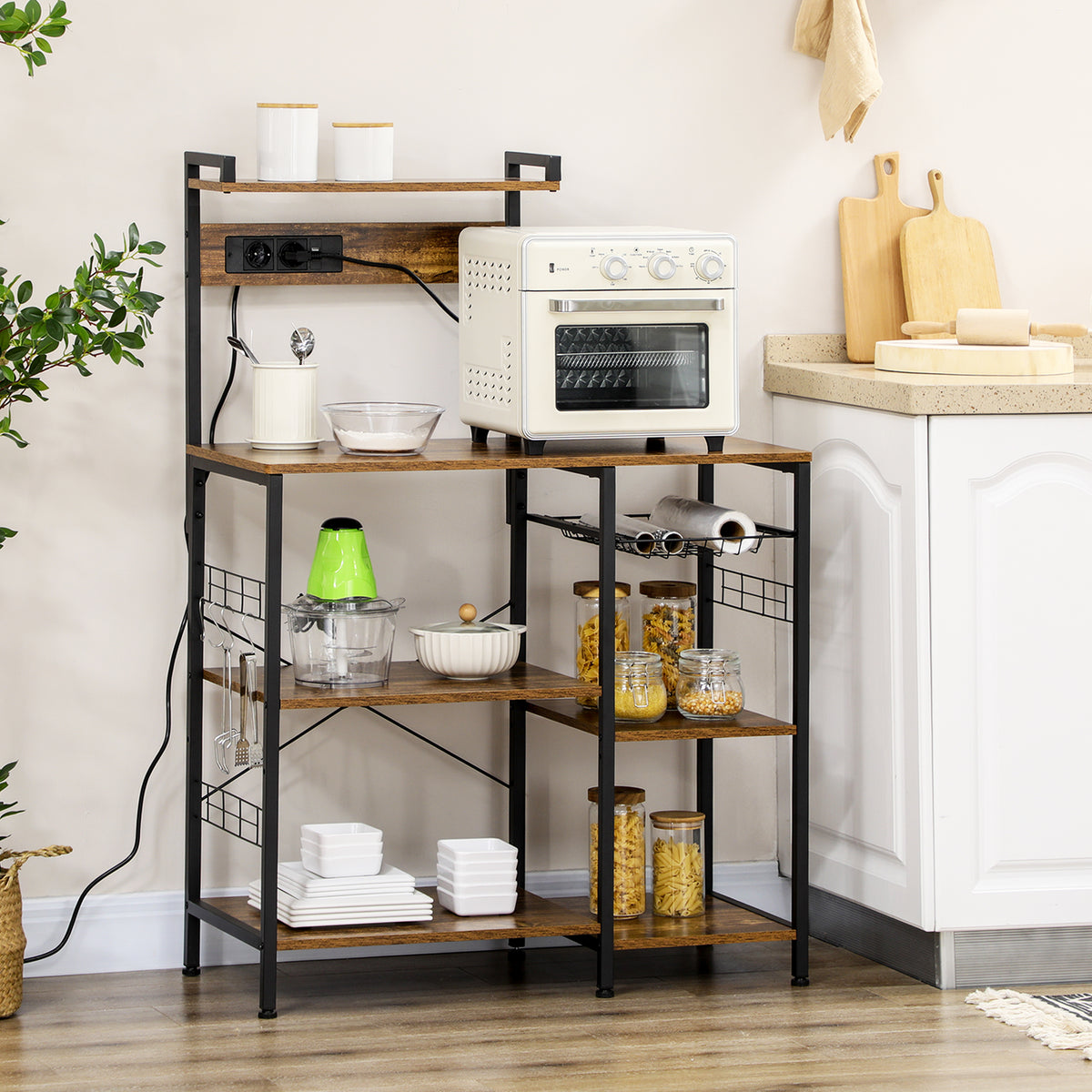 Meuble de cuisine avec prises intégrées pour micro-ondes avec étagères, style industriel, 90x42x130cm, marron-1