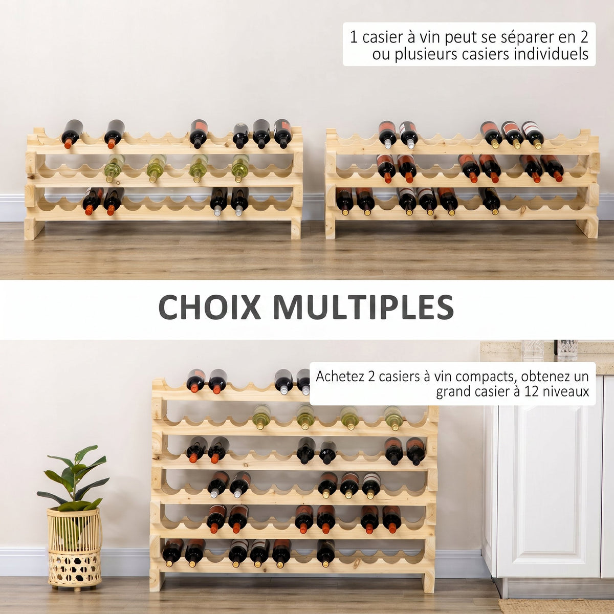 Casier à bouteilles pour 72 bouteilles, étagère à vin avec 6 niveaux modulable et superposable, casier à vin en bois de sapin massif, pour cave, bars, sous-sols, 114x28x85cm, bois naturel-3