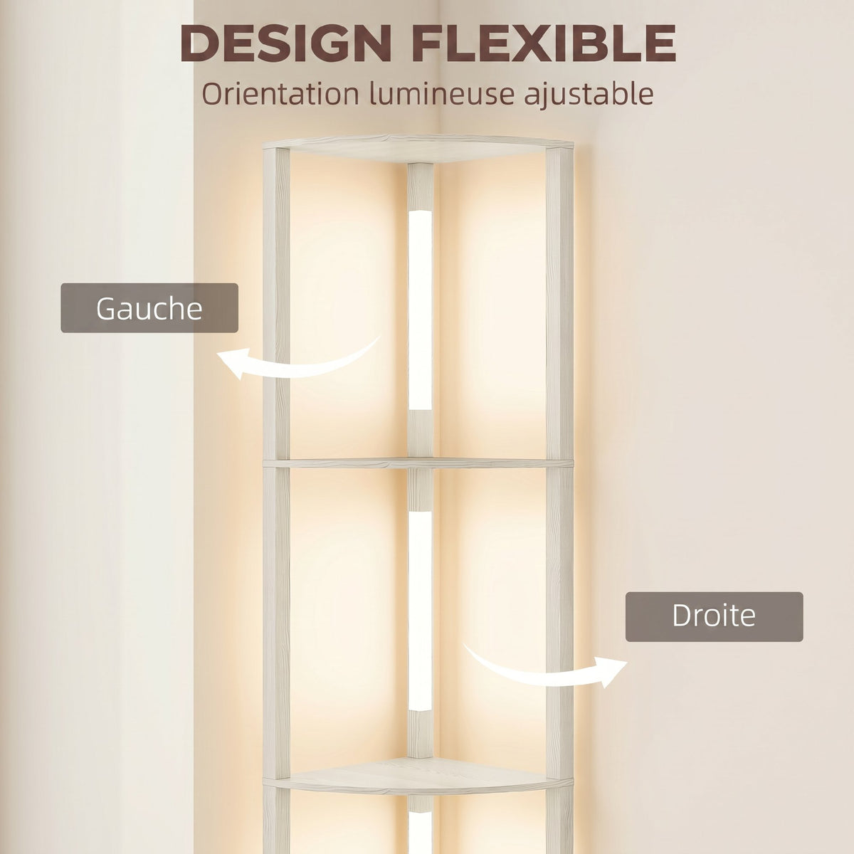 Lampadaire sur Pied Salon, Lampadaire avec Étagères d'Angle à 4 Niveaux, Lampe LED Dimmable, 41x29,5x163,5cm, Chêne-5