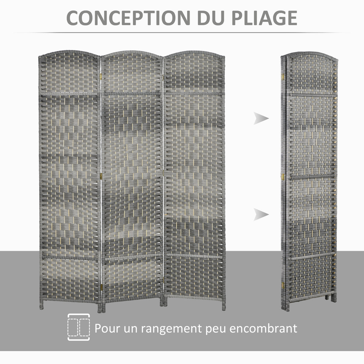 Paravent intérieur en bois 3 panneaux séparateur de pièce pliable pour salon chambre 135 x 180 cm gris-3