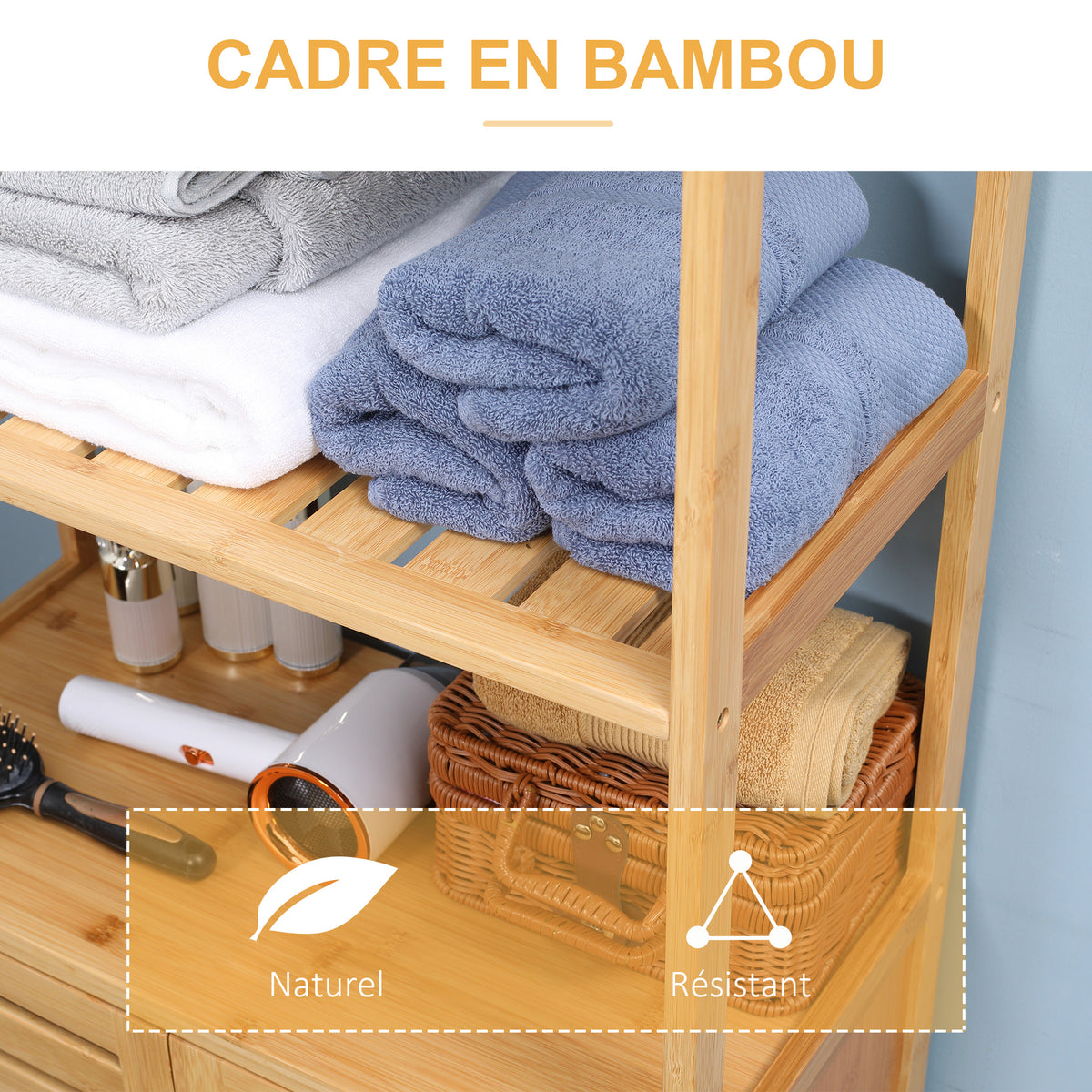 Meuble salle de bain en bambou, armoire salle de bain sur pied, 2 étagères ouvertes et double porte à lattes, naturel-4