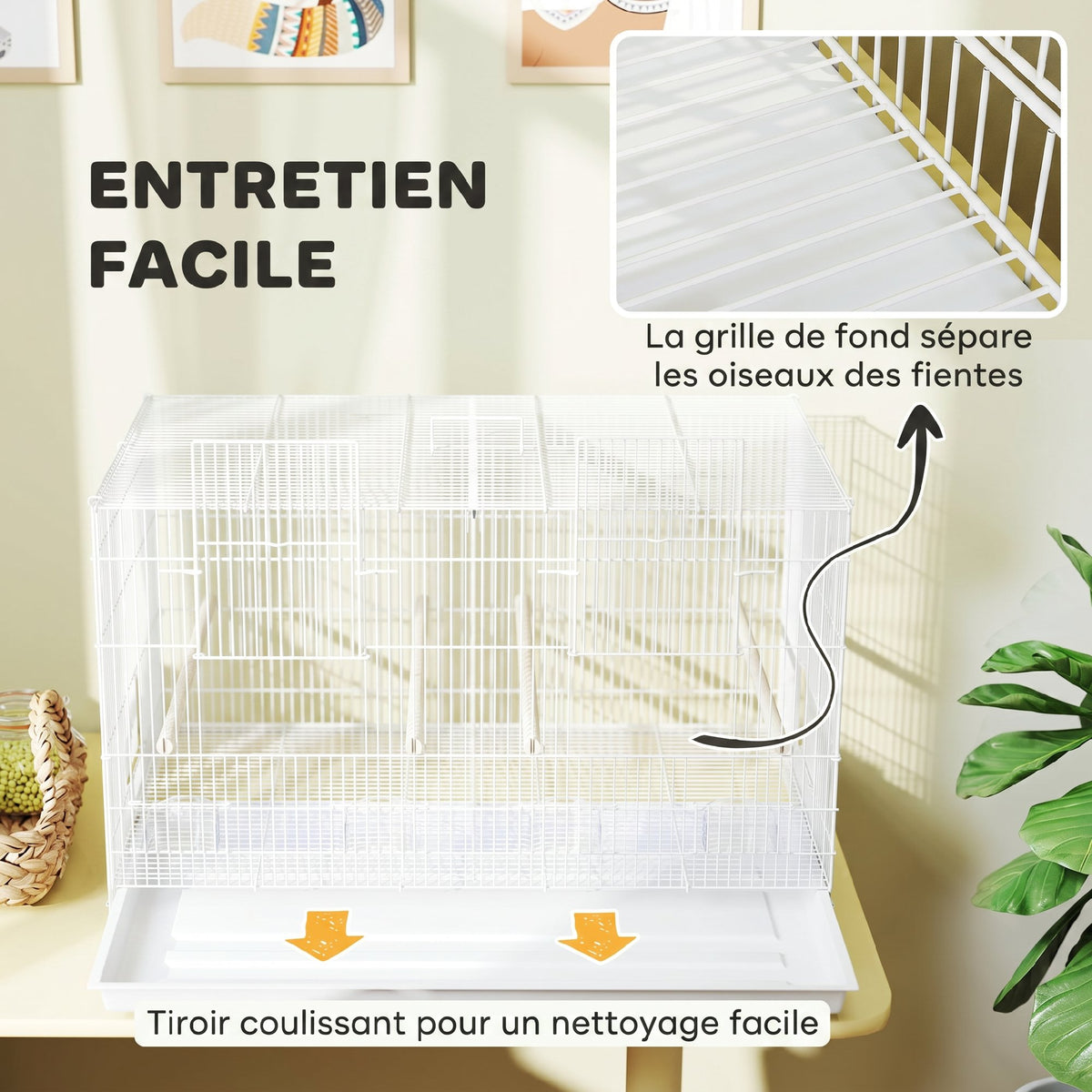 Cage à Oiseaux Volière Intérieur Acier avec Séparateur, 4 Perchoirs, Plateau Coulissant, 4 Mangeoires, 76x46x46cm, Blanc-6