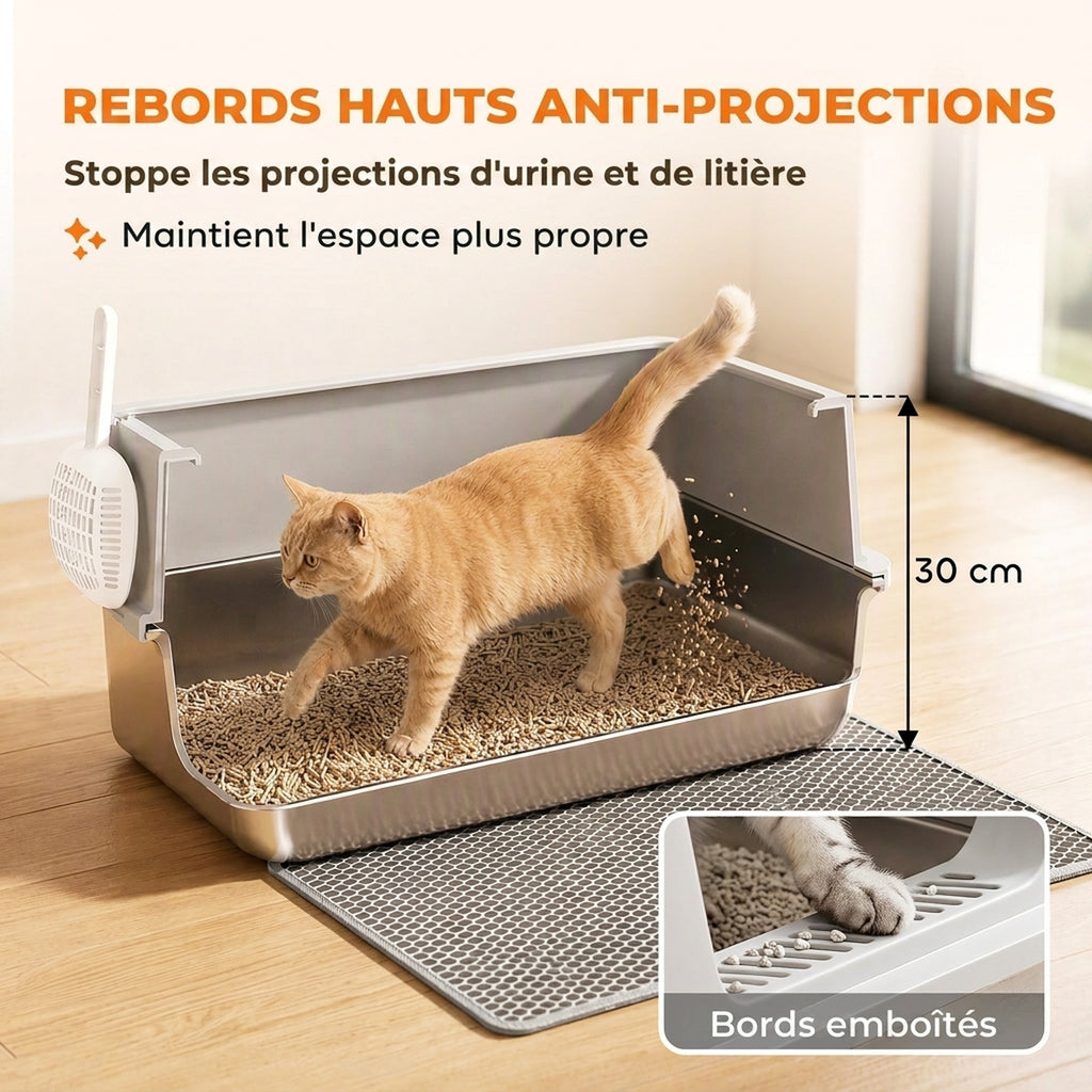 Bac Litière pour Chat en INOX Couvercle Bords Hauts Pelle et Tapis Anti-Adhérent Anti-Odeurs 60x40x30cm Gris Clair-5