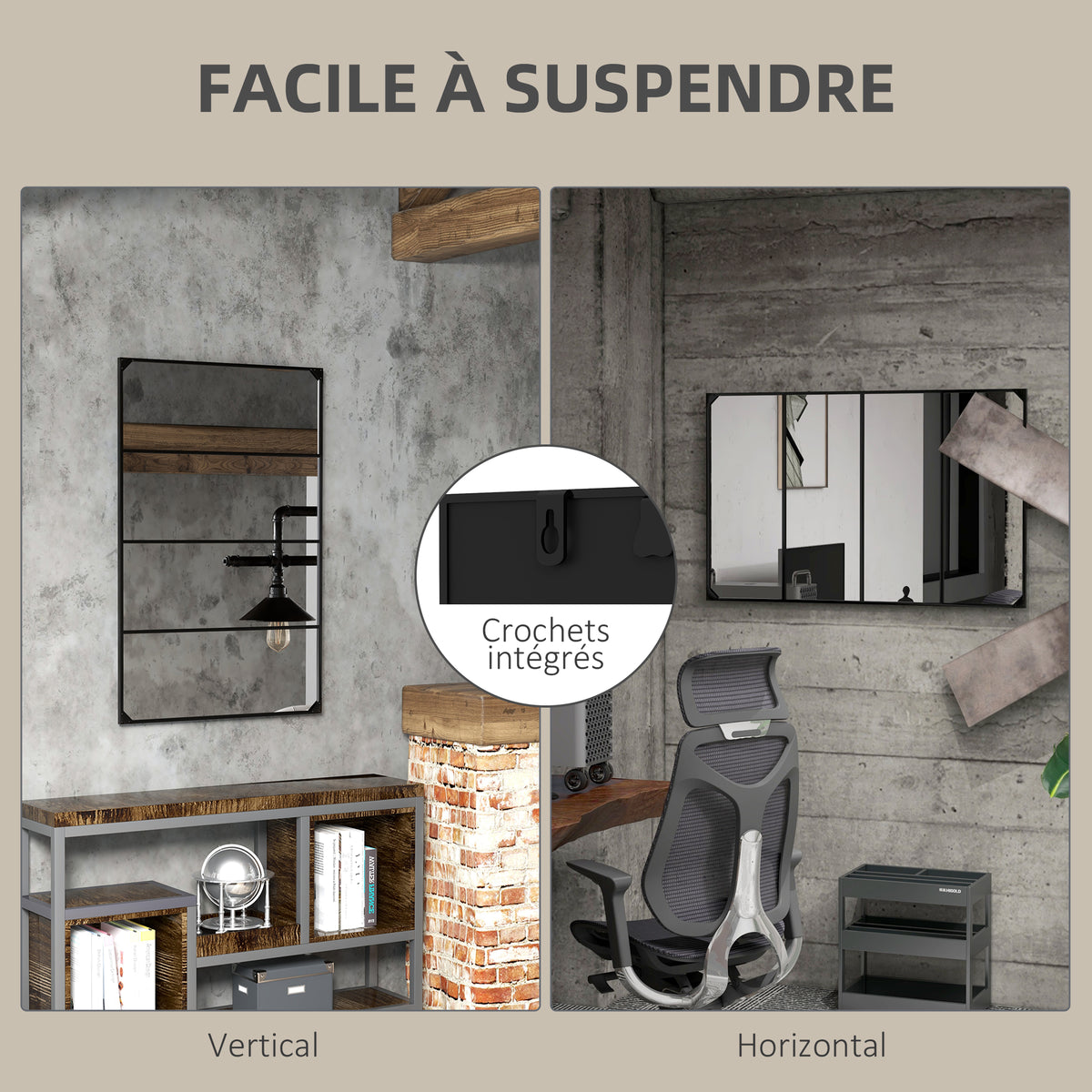 Miroir mural verrière rectangulaire style industriel, horizontal ou vertical avec 4 crochets, en métal noir 109 x 69 cm-4