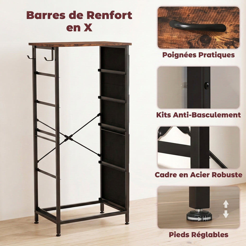 Commode 5 Tiroirs en Tissu Pliables, Commode Chambre Adulte avec Poches Latérales et 2 Crochets, Brun Rustique-6