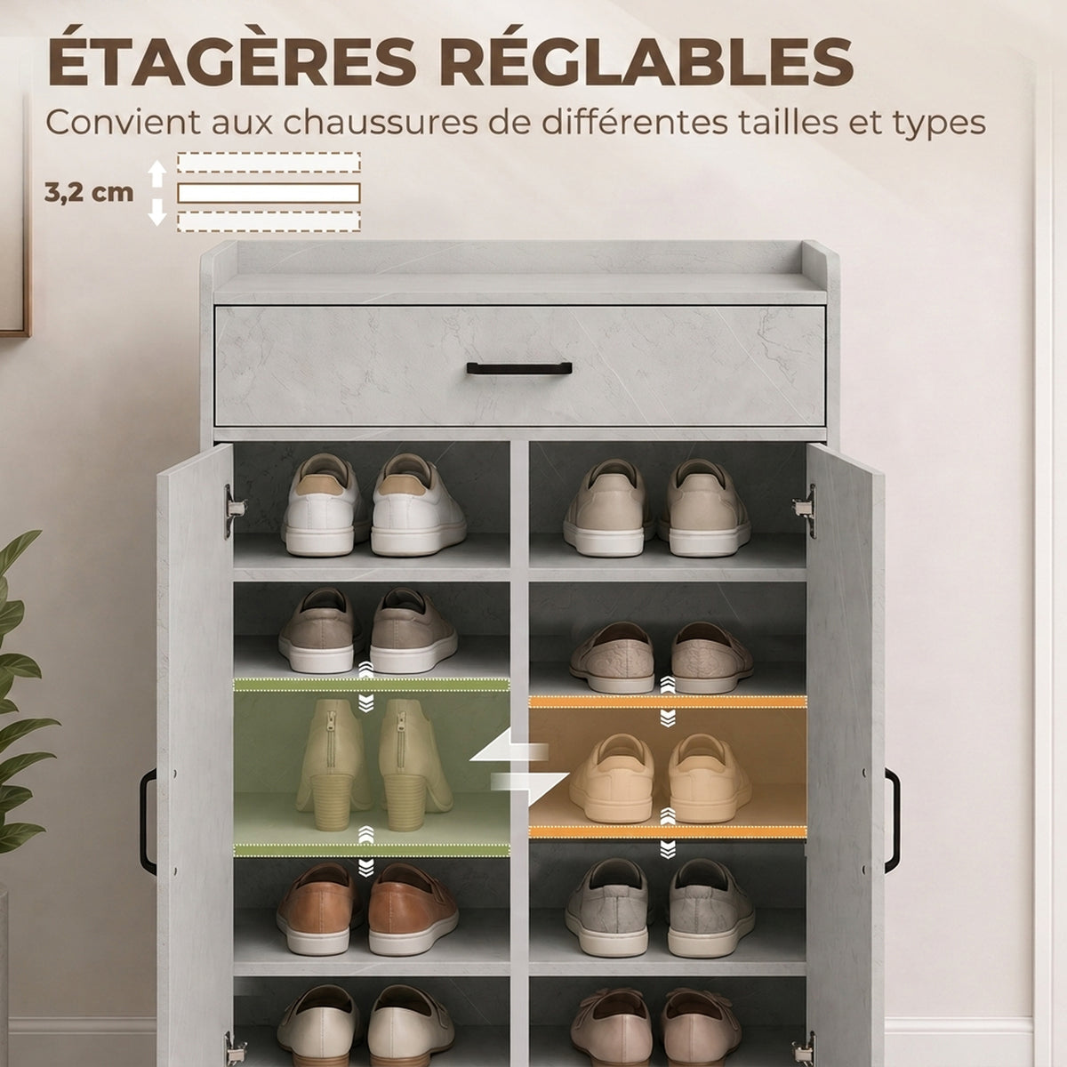 Meuble à Chaussures, Armoire à Chaussures avec 2 Portes, Tiroir, 5 Compartiments et Étagères Réglables, Gris-4