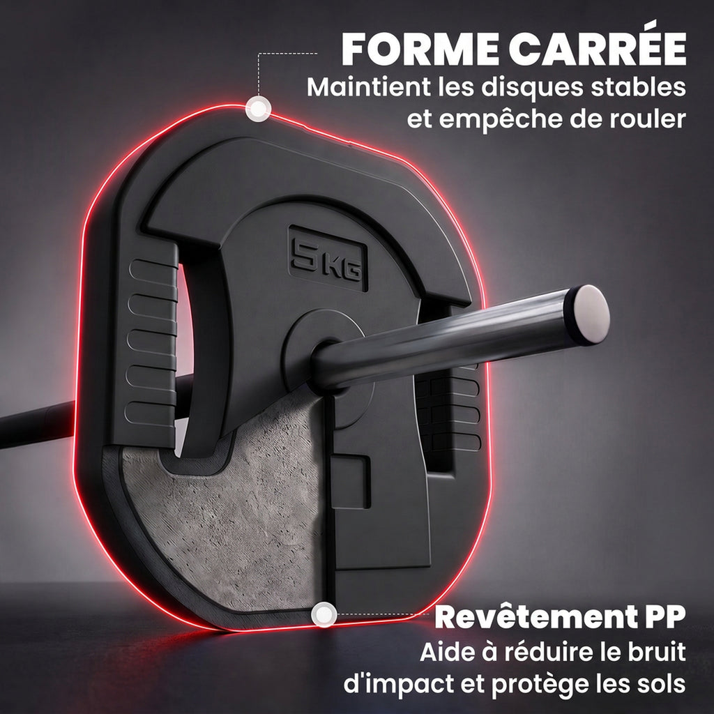 Ensemble d'Haltère 20 kg, Disques Carrés Réglables à Poignées, Barre Antidérapante en Acier 3 Parties, Noir-6