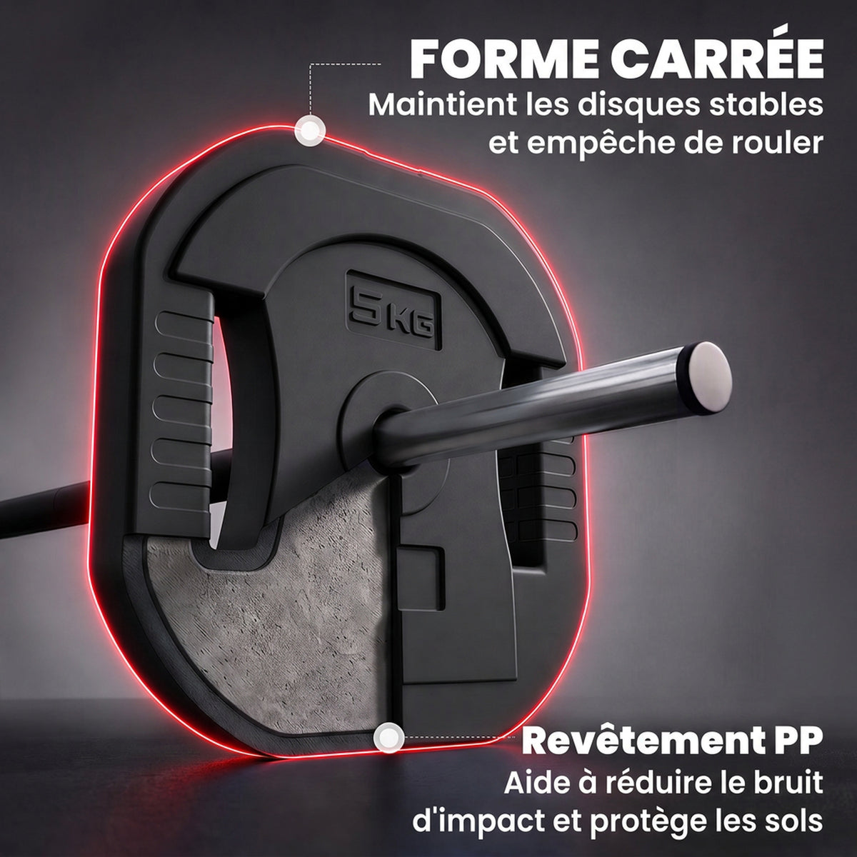 Ensemble d'Haltère 20 kg, Disques Carrés Réglables à Poignées, Barre Antidérapante en Acier 3 Parties, Noir-6