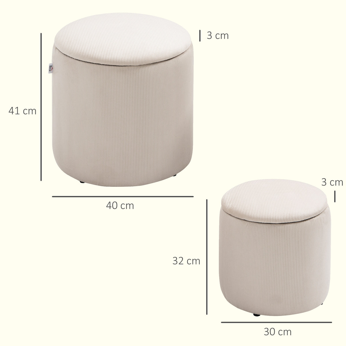 Lot de 2 poufs tabourets repose-pieds coffre de rangement en tissu aspect velours côtelé Ø40 cm et Ø30 cm, crème-2