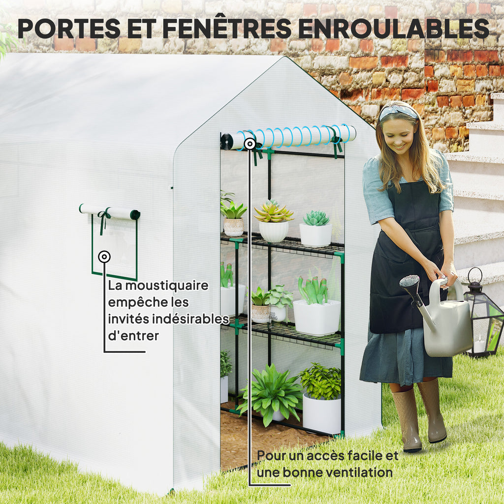 Serre de jardin 3 m² avec étagères 3 niveaux, PE renforcée 135 g/m² anti-UV, porte enroulable et fenêtres en maille-5