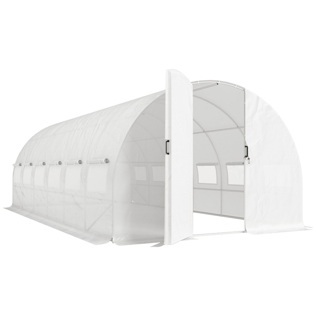 Serre Tunnel de Jardin 18m², Serre de Jardin Tunnel avec Porte et 12 Fenêtres avec Moustiquaires, 295x597x200cm, Blanc-0