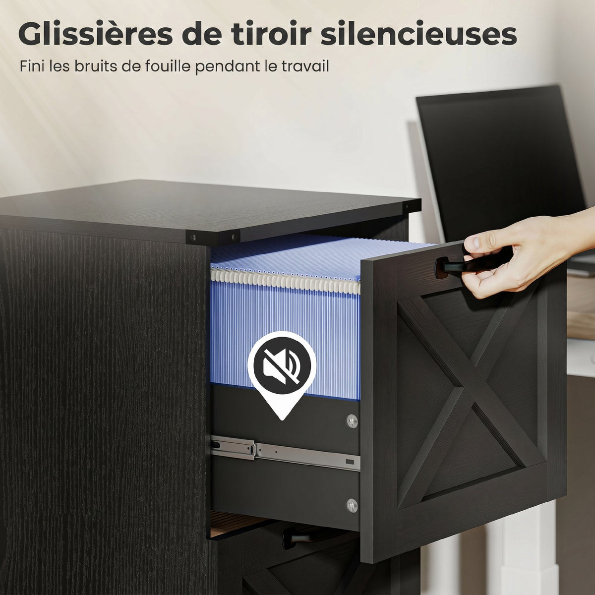 Caisson de Bureau avec 2 Tiroirs, Dossiers Suspendus pour Formats Lettre/A4, Style Rustique, 40x40x71cm, Noir-6