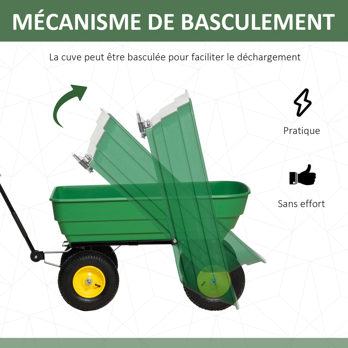 Chariot de Jardin à Main Benne basculante 75° 125L Charge Max. 200 Kg 4 Roues pneumatiques Acier PP Jaune Vert-3