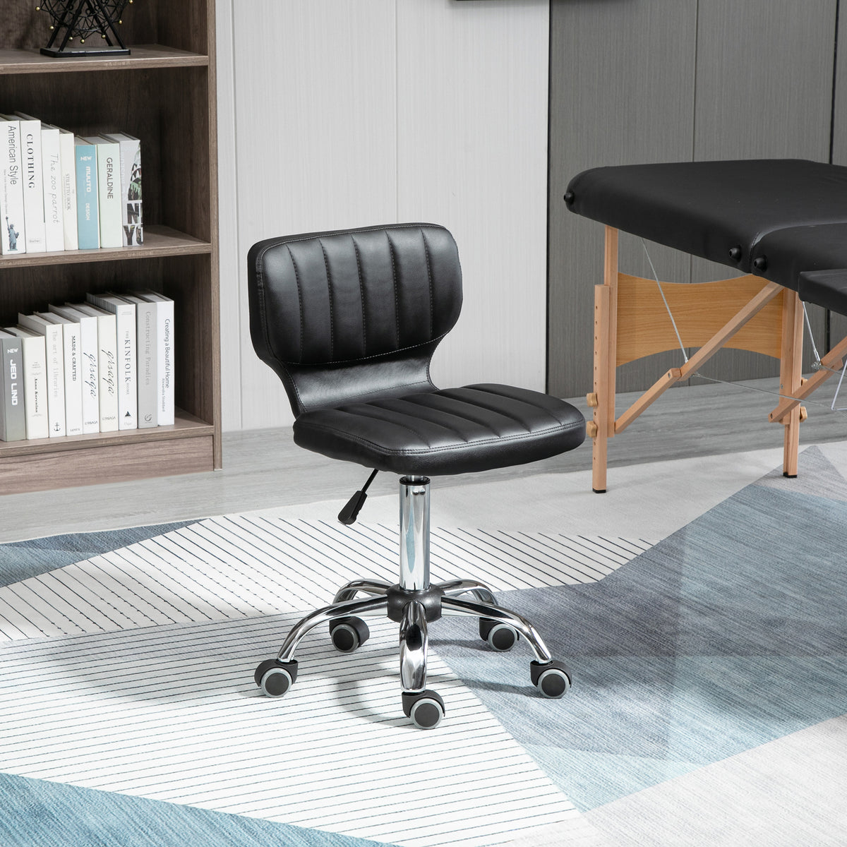 Tabouret à roulettes - tabouret de travail pivotant 360° -  - tabouret ergonomique - hauteur assise réglable 47-62 cm - revêtement synthétique matelassé noir métal chromé-1