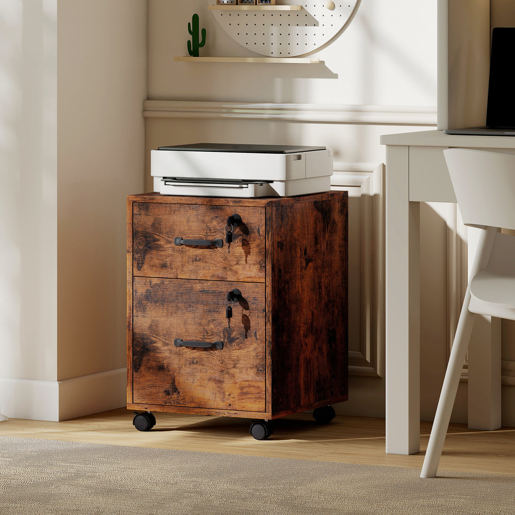 Caisson bureau mobile à 2 tiroirs, meuble rangement bureau sur roulettes pour documents suspendus format lettre, marron-8