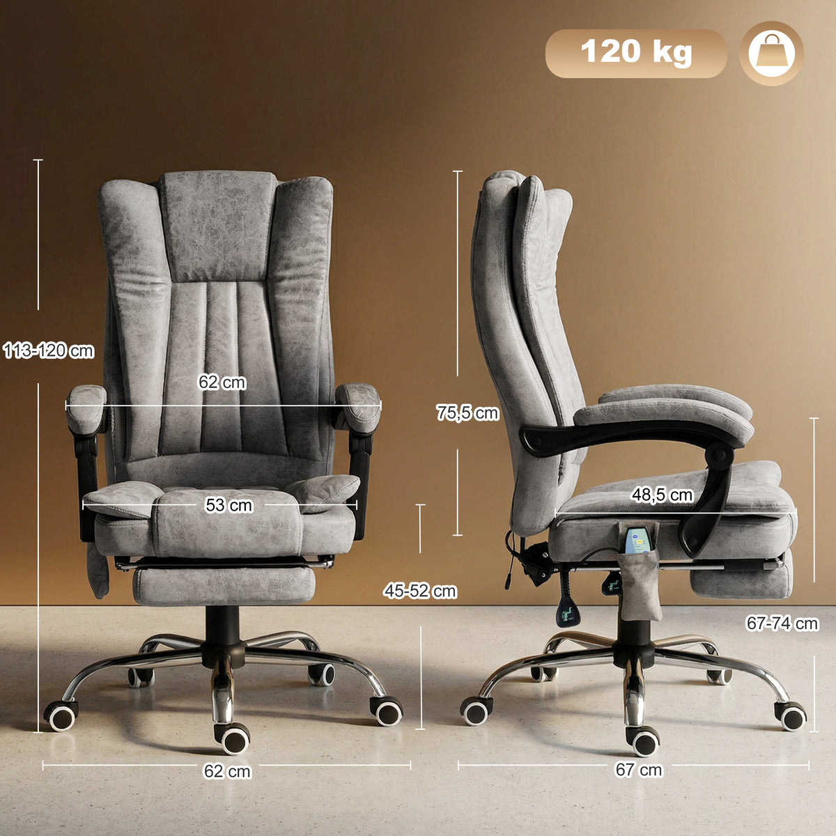 Fauteuil de bureau massant et chauffant, chaise de bureau, chaise ergonomique avec hauteur réglable, dossier inclinable, repose-pied et télécommande filaire, pivotant à 360°, gris-2