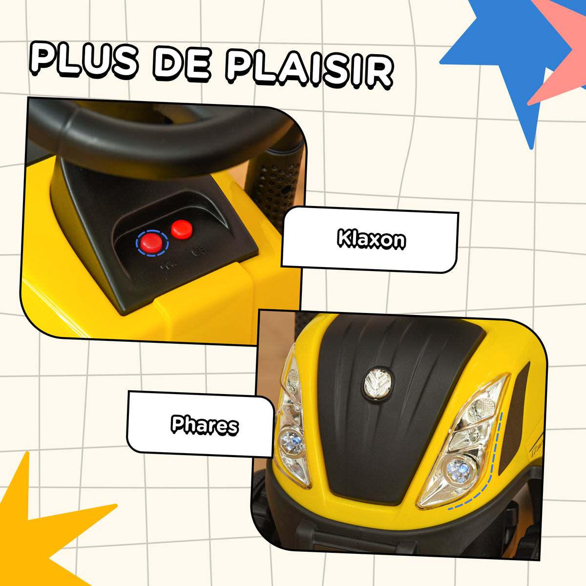 Porteur tracteur enfants avec coffre amovible, râteau et pelle, voiture enfants avec lumière LED et klaxon, jaune-5
