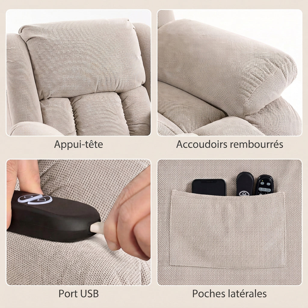 Fauteuil Releveur Électrique, Massage et Chauffage, Repose-Pieds, Dossier Inclinable, Télécommande, 93x104x100cm, Beige-6