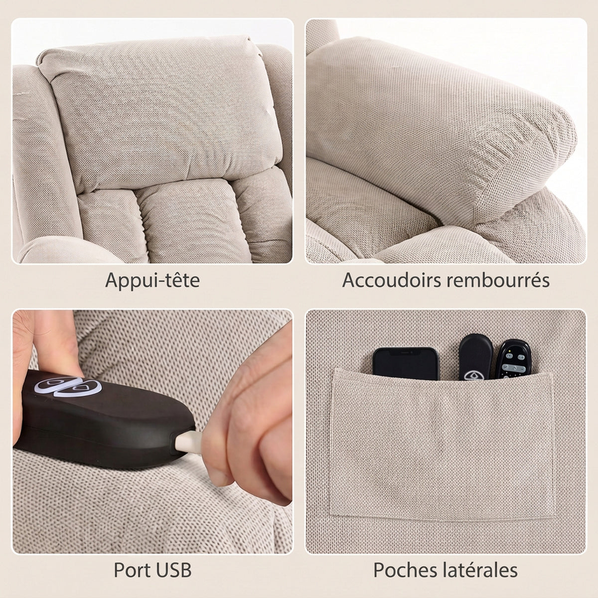 Fauteuil Releveur Électrique, Massage et Chauffage, Repose-Pieds, Dossier Inclinable, Télécommande, 93x104x100cm, Beige-6