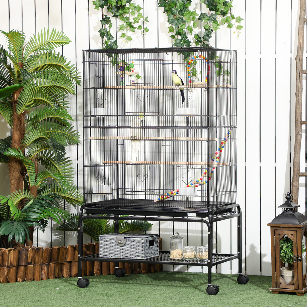 Cage à oiseaux sur pieds roulettes avec 4 mangeoires et 3 perchoirs 79 x 49 x 133 cm noir-1