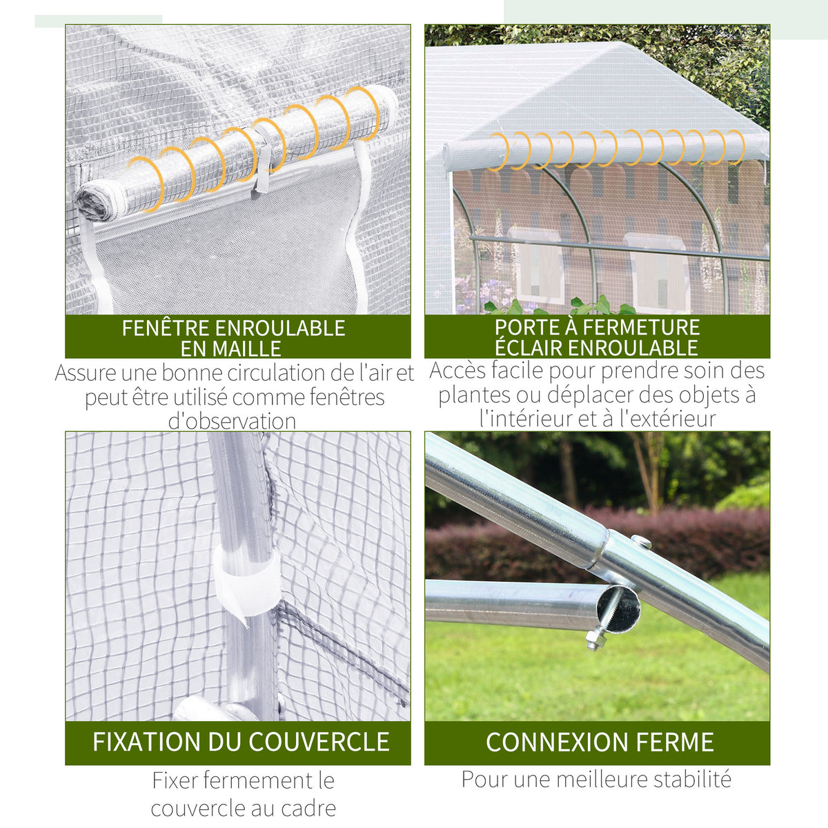Serre Tunnel de Jardin 10,5 m² dim. 3,5L x 3l x 2H m Porte + 6 fenêtres enroulables Acier galvanisé bâche PE Haute densité Blanc-5