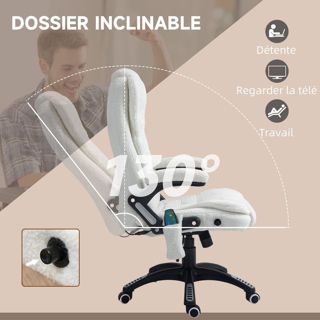 Fauteuil de bureau massant et chauffant hauteur réglable, dossier inclinable et télécommande filaire, pivotant à 360°-6