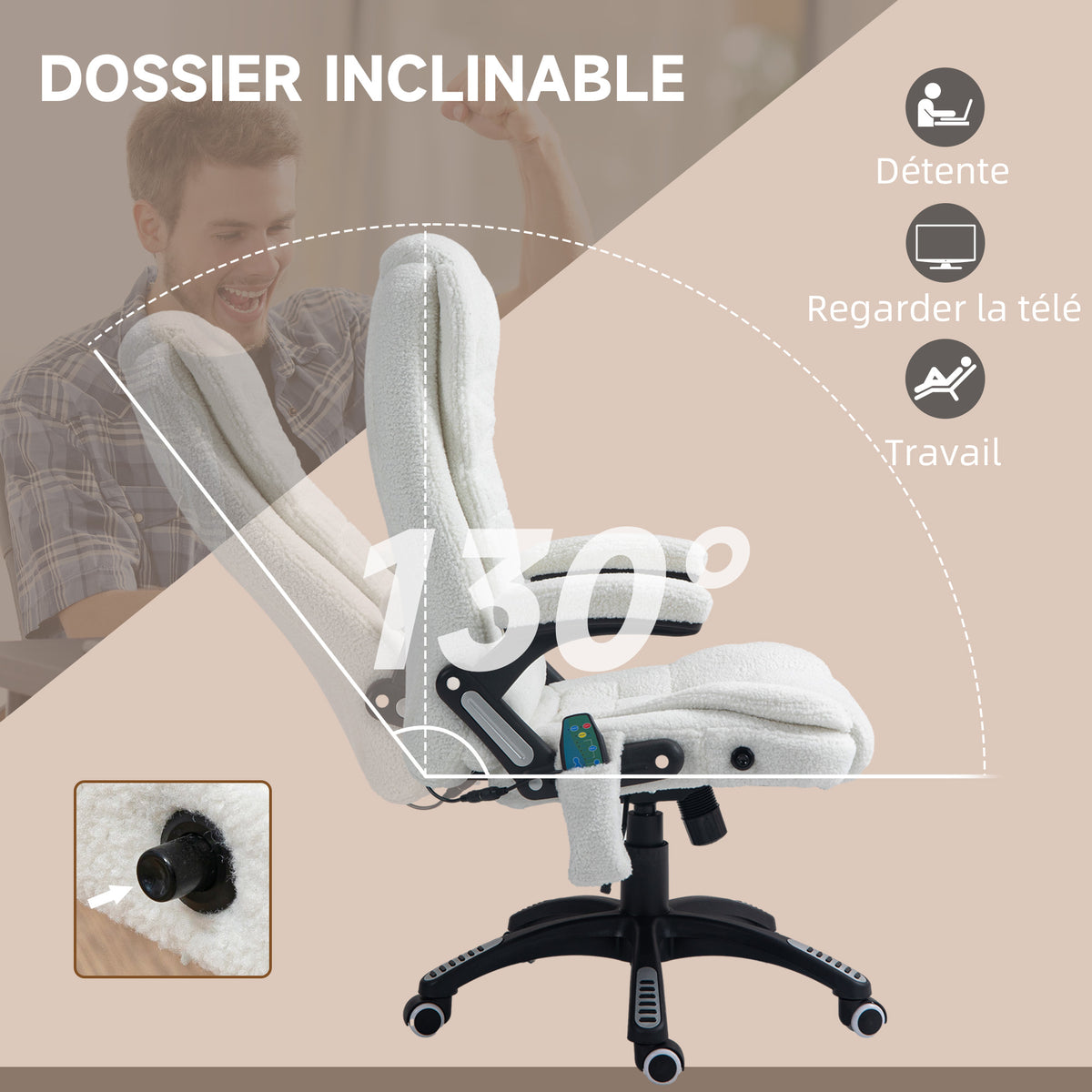 Fauteuil de bureau massant et chauffant hauteur réglable, dossier inclinable et télécommande filaire, pivotant à 360°-6