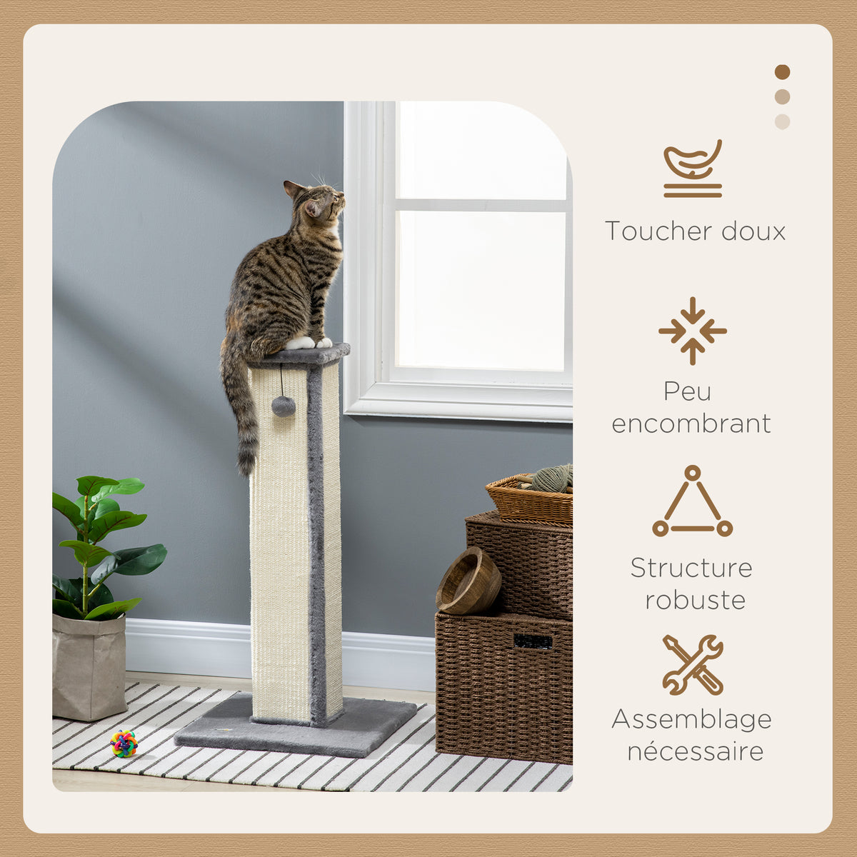 Griffoir pour chat poteau griffoir chat en sisal et peluche, boule suspendue base stable 41 x 41 x 81 cm gris et crème-3
