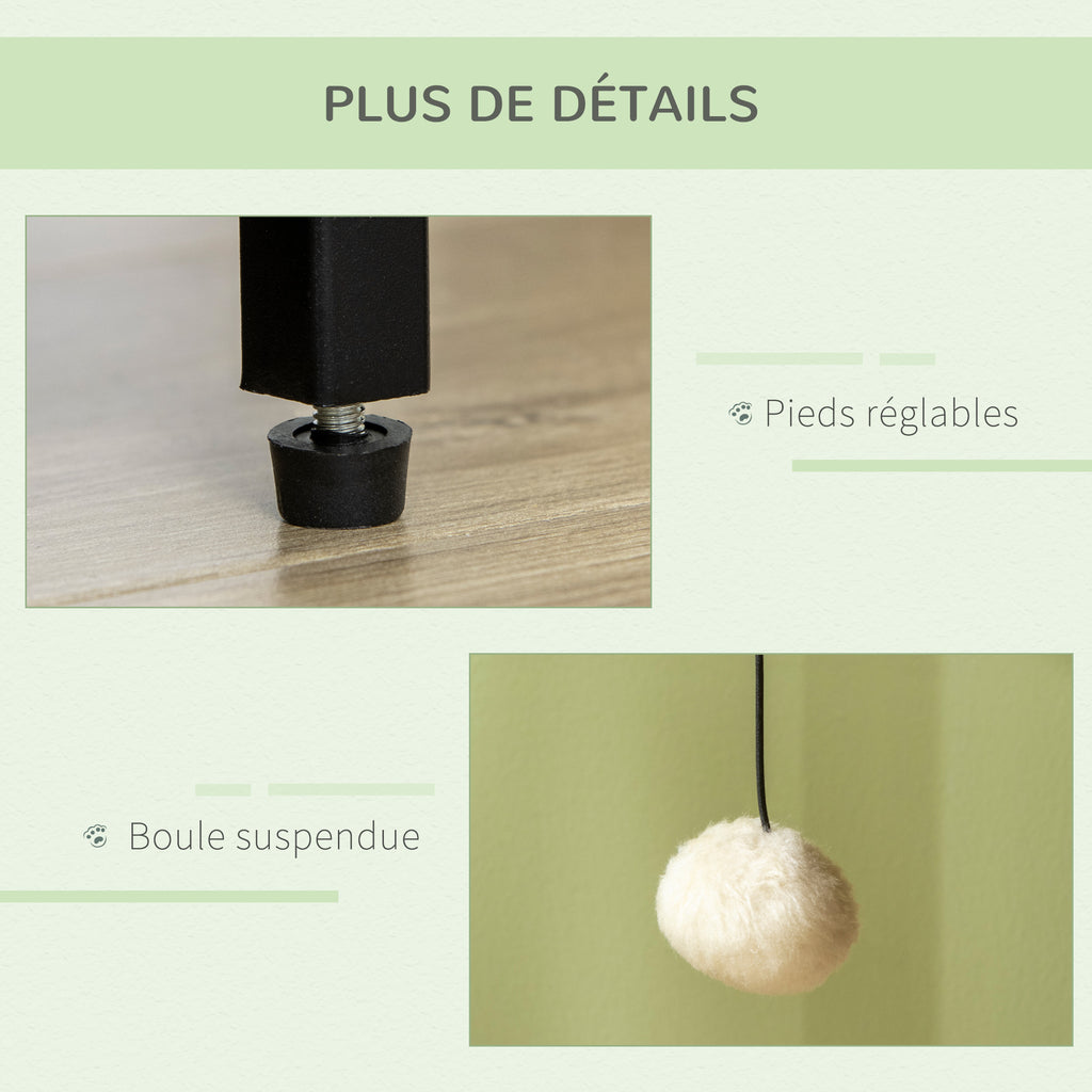Maison de toilette pour chat style industriel porte entrée latérale boule suspendue châssis acier aspect bois clair-5