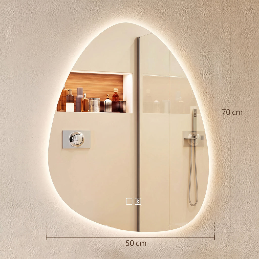 Miroir Salle de Bain Bluetooth avec Éclairage LED 50x70cm, Forme Galet, Dimmable 3 Couleurs, Anti-Buée, Mémoire, Argenté-2