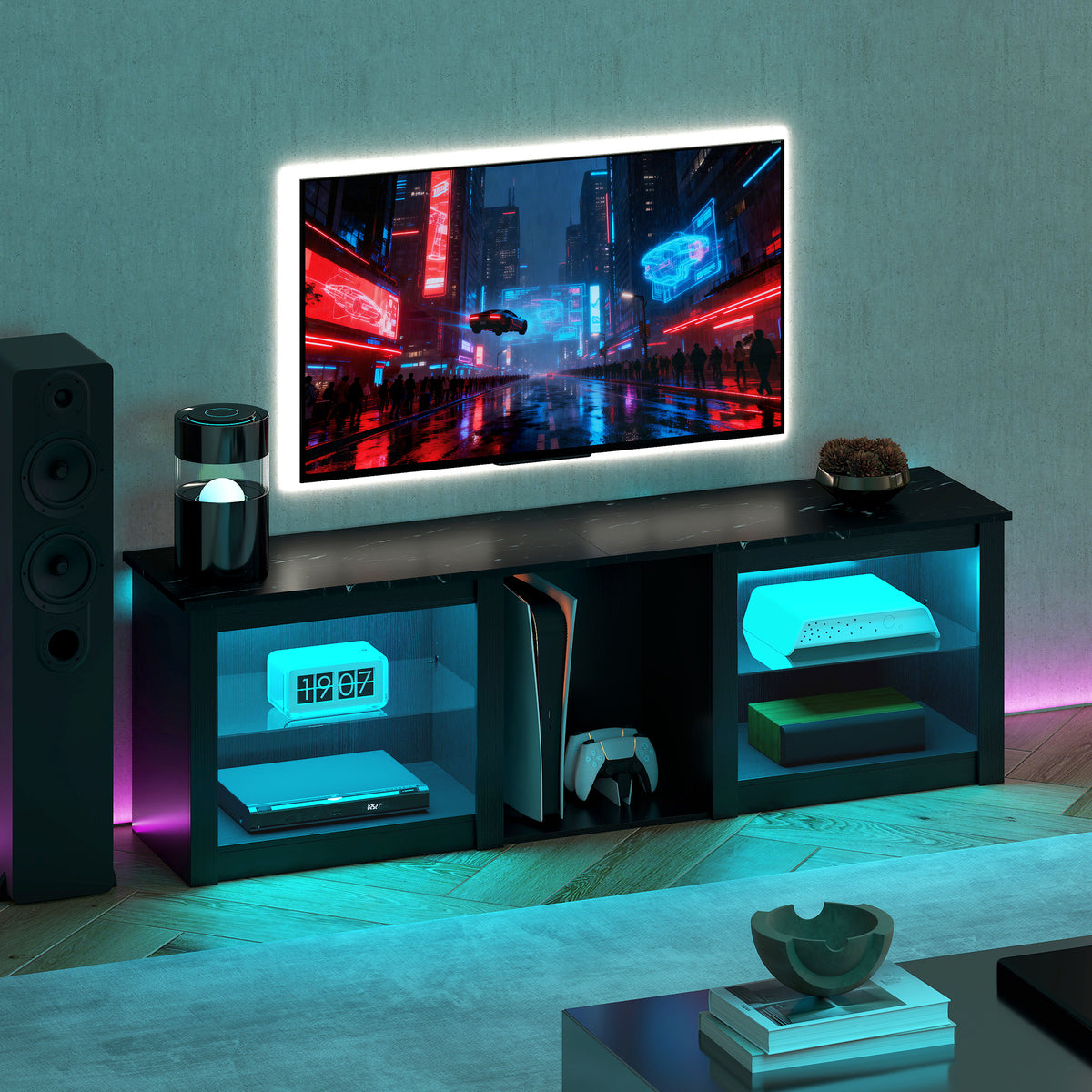 Meuble TV avec éclairage LED pour télévision jusqu'à 70 pouces, 160cm avec étagères en verre réglables, noir-9