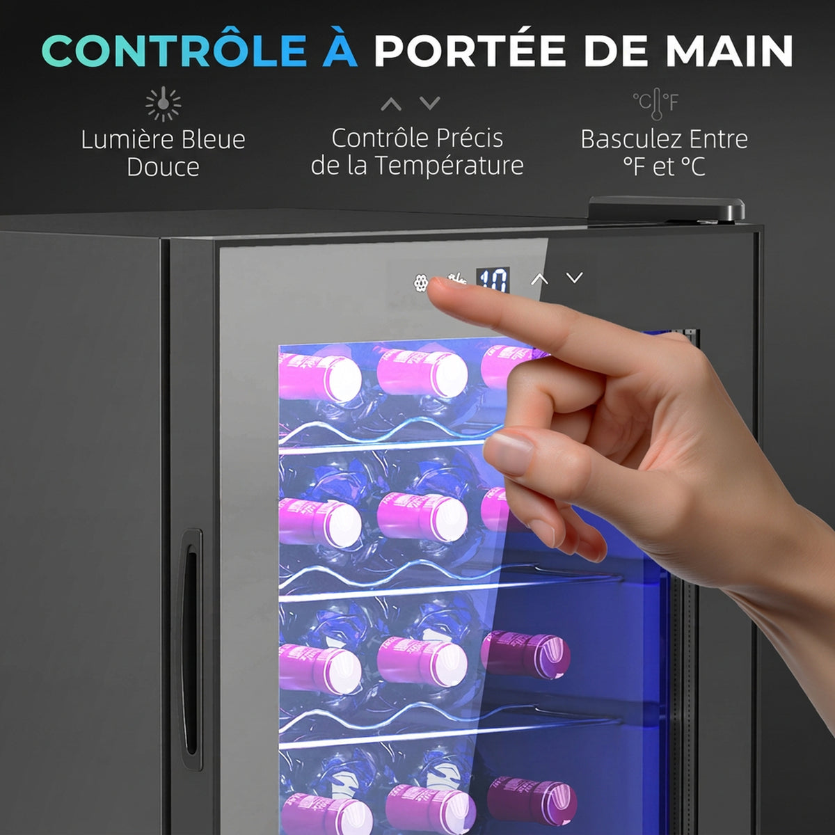 Cave à vin 20 bouteilles 53L haute performance température réglable 5-18° avec lumière LED, noir-6